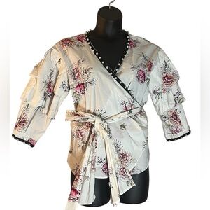 Relativity kimono style floral feminine flirty pink white blouse size XL EUC